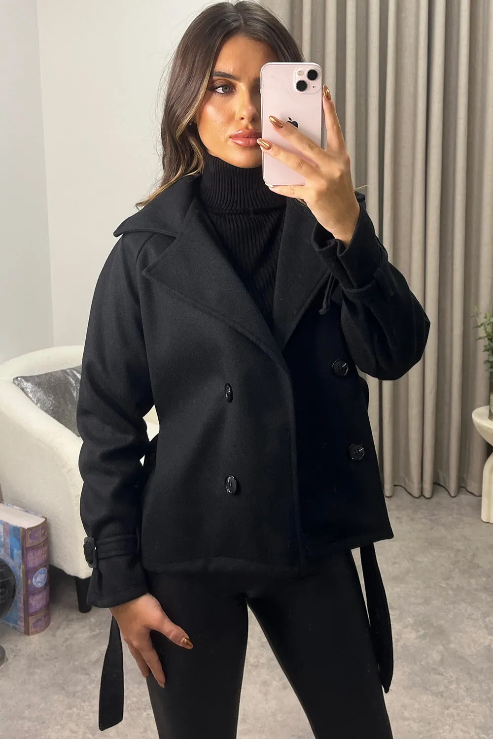 Sofie Black Wool Look Button Up Belted Trench Coat