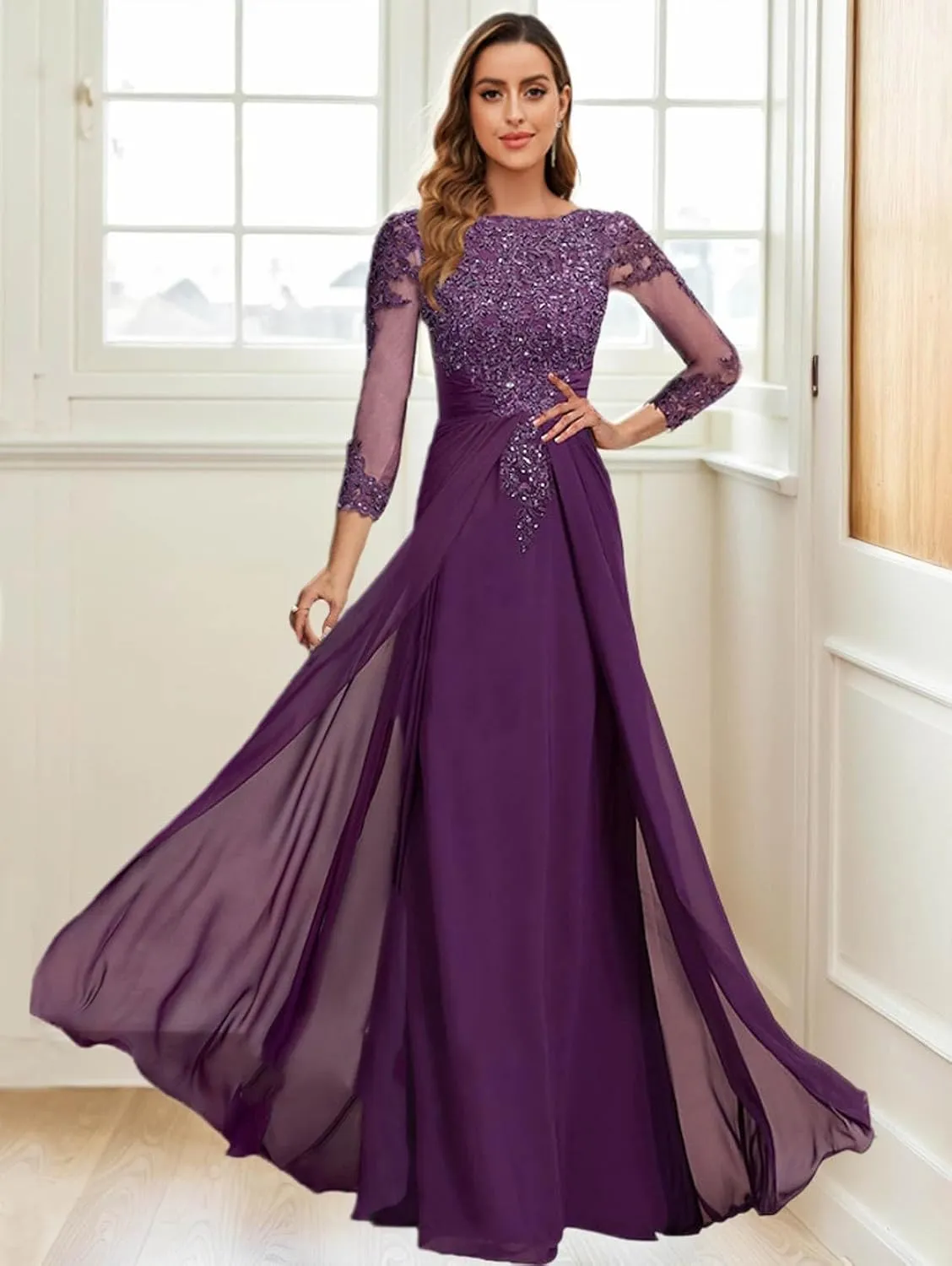 SOLODISH Mother of The Bride Dresses for Wedding Lace Applique 3/4 Sleeves Chiffon Formal Evening Gown