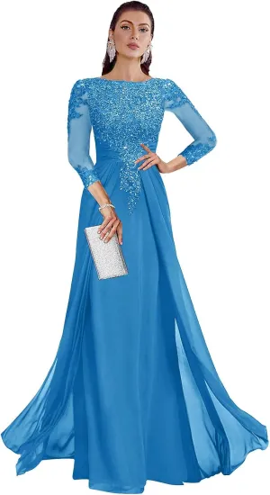 SOLODISH Mother of The Bride Dresses for Wedding Lace Applique 3/4 Sleeves Chiffon Formal Evening Gown
