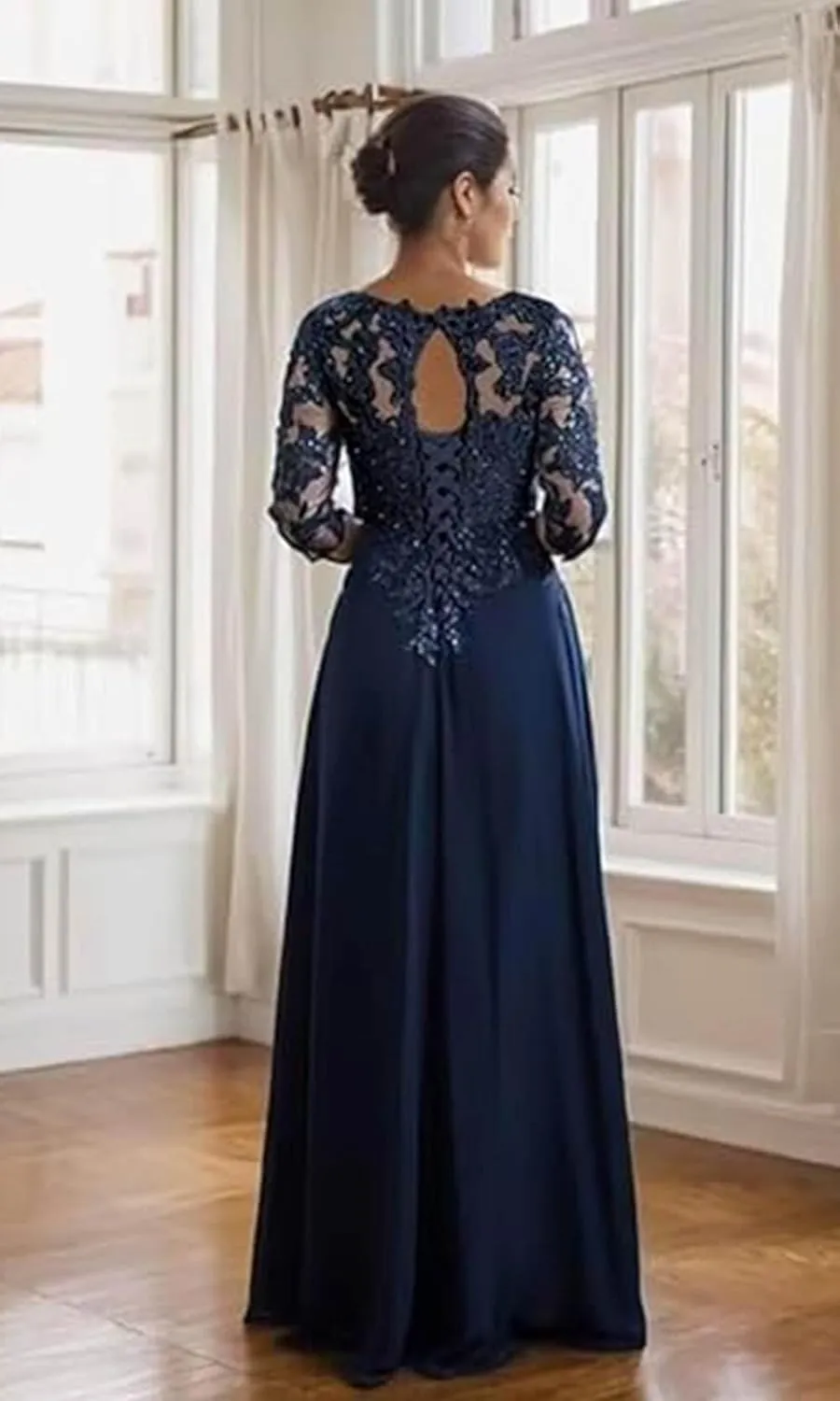 SOLODISH Mother of The Bride Dresses for Wedding Lace Applique 3/4 Sleeves Chiffon Formal Evening Gown