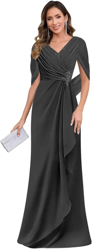 SOLODISH Mother of The Bride Dresses for Wedding Lace Chiffon Formal Evening Party Dress with Cape