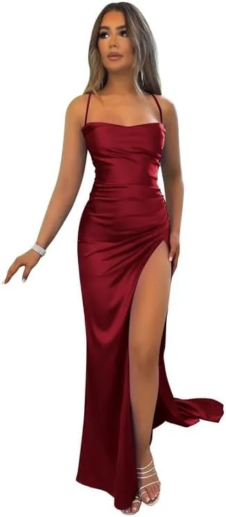 Spaghetti Straps Satin Prom Dresses Pleated Slit Evening Party Gowns Sexy Backless Cocktail Gown