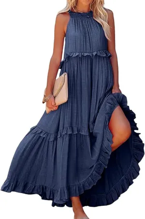 Spring Dresses for Women 2025, Womens Summer Dress Sleeveless Halter Layered Ruffles Casual Boho Flowy Maxi Dress