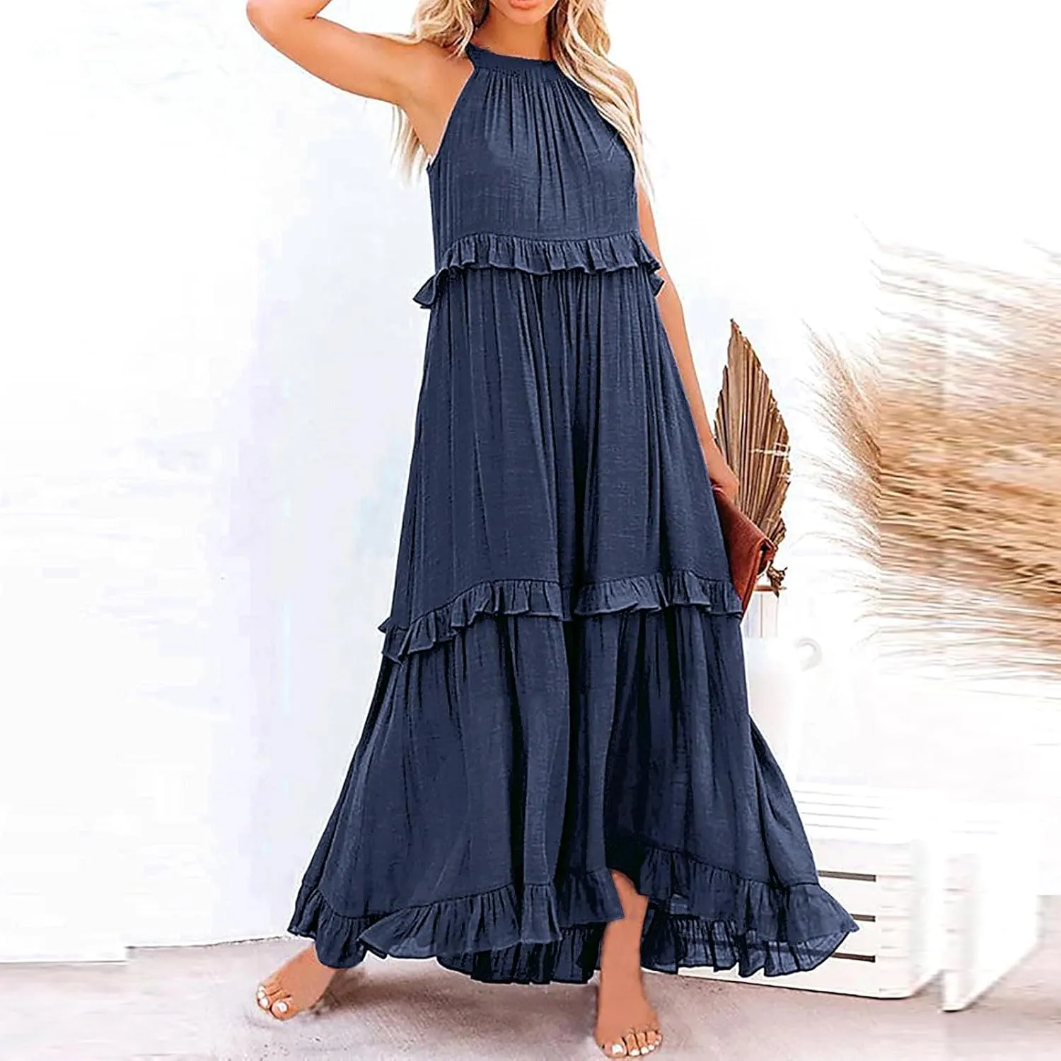 Spring Dresses for Women 2025, Womens Summer Dress Sleeveless Halter Layered Ruffles Casual Boho Flowy Maxi Dress