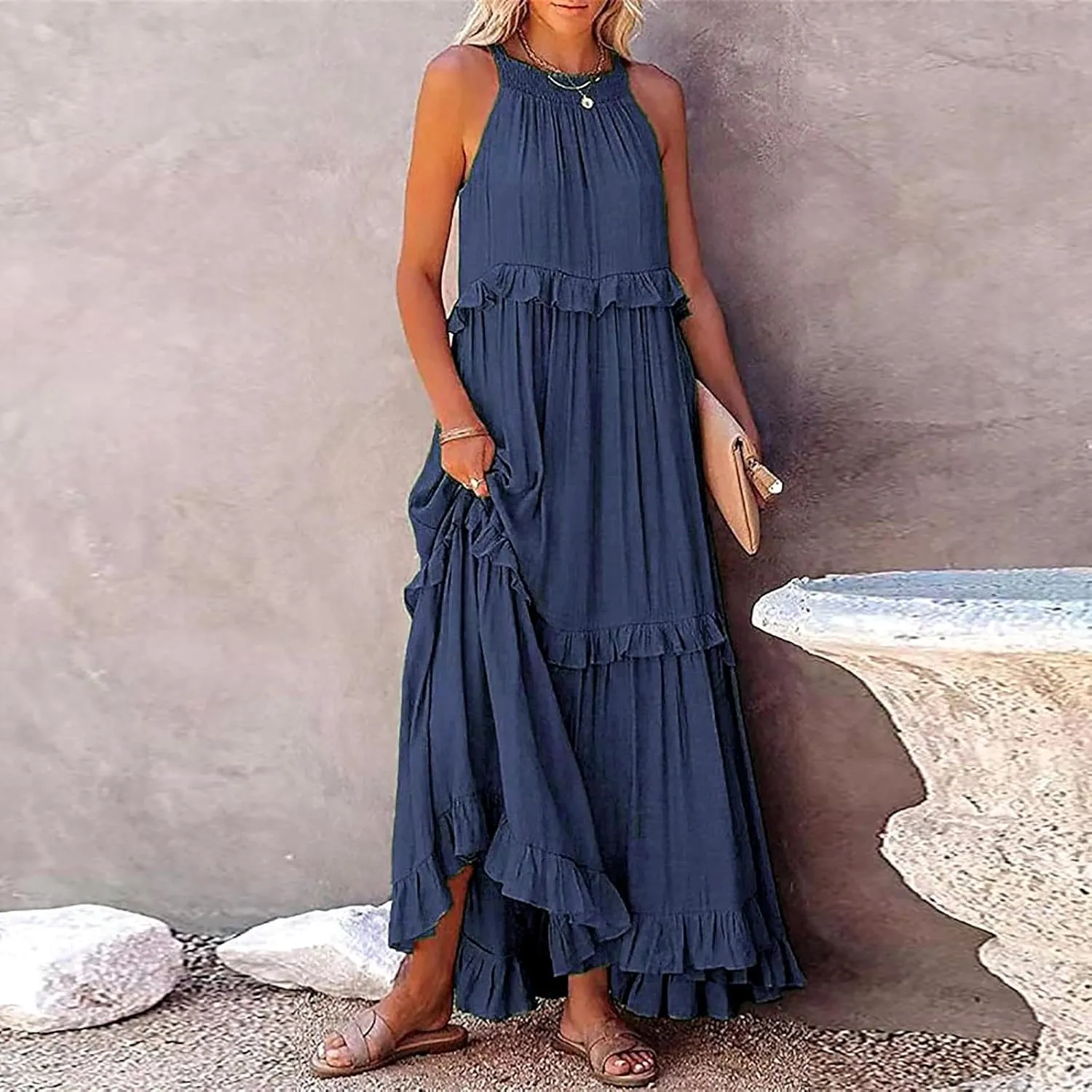 Spring Dresses for Women 2025, Womens Summer Dress Sleeveless Halter Layered Ruffles Casual Boho Flowy Maxi Dress