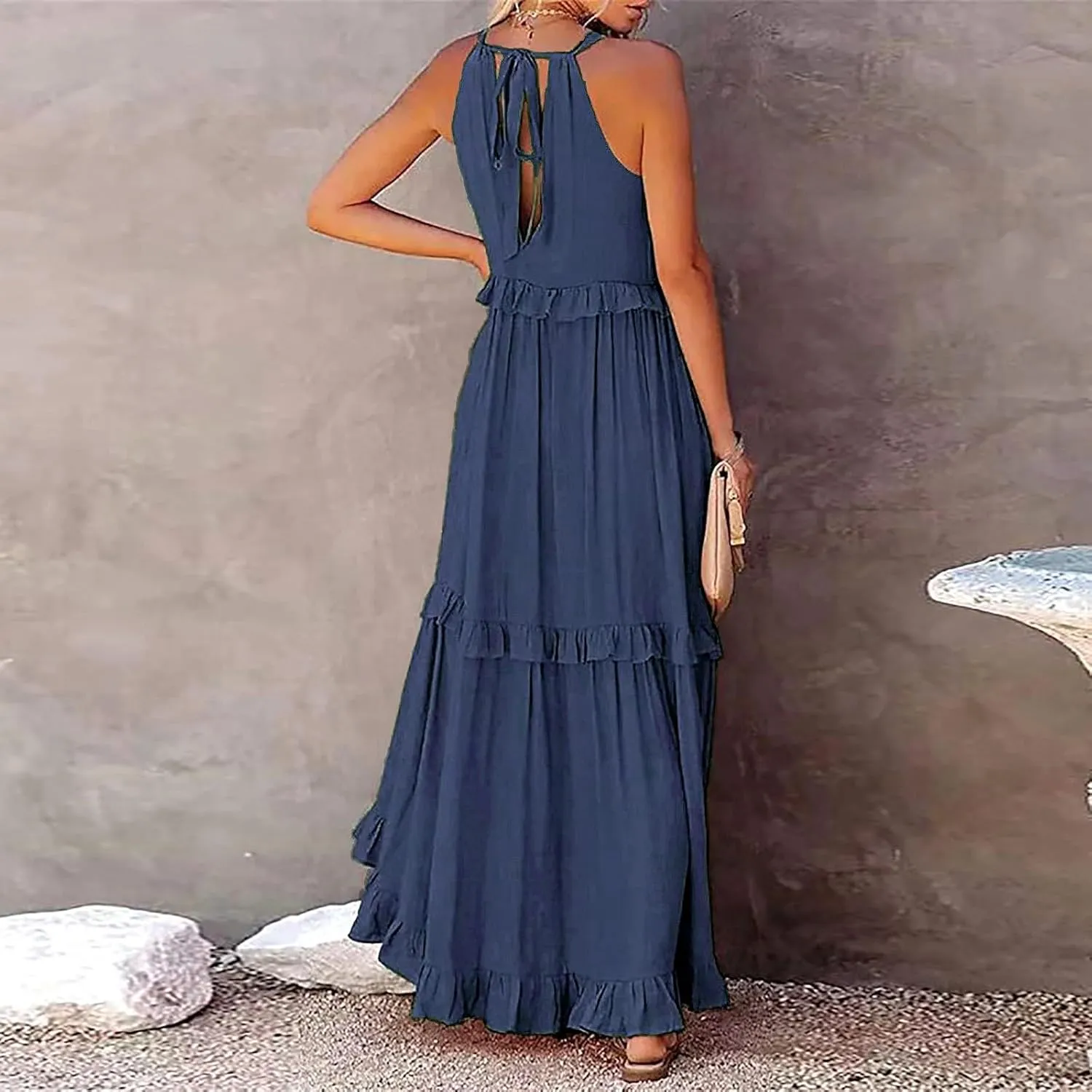 Spring Dresses for Women 2025, Womens Summer Dress Sleeveless Halter Layered Ruffles Casual Boho Flowy Maxi Dress