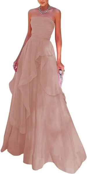Strapless Prom Dresses 2024 A Line Ball Gown Chiffon Sleeveless Elegant Formal Evening Party Gowns