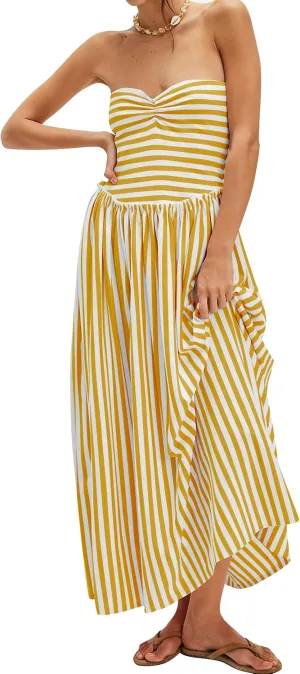 Striped Tube Dresses for Women Pleated Drop Waist Strapless Dress A Line Long Flowy Dresses Patchwork Beach Dress