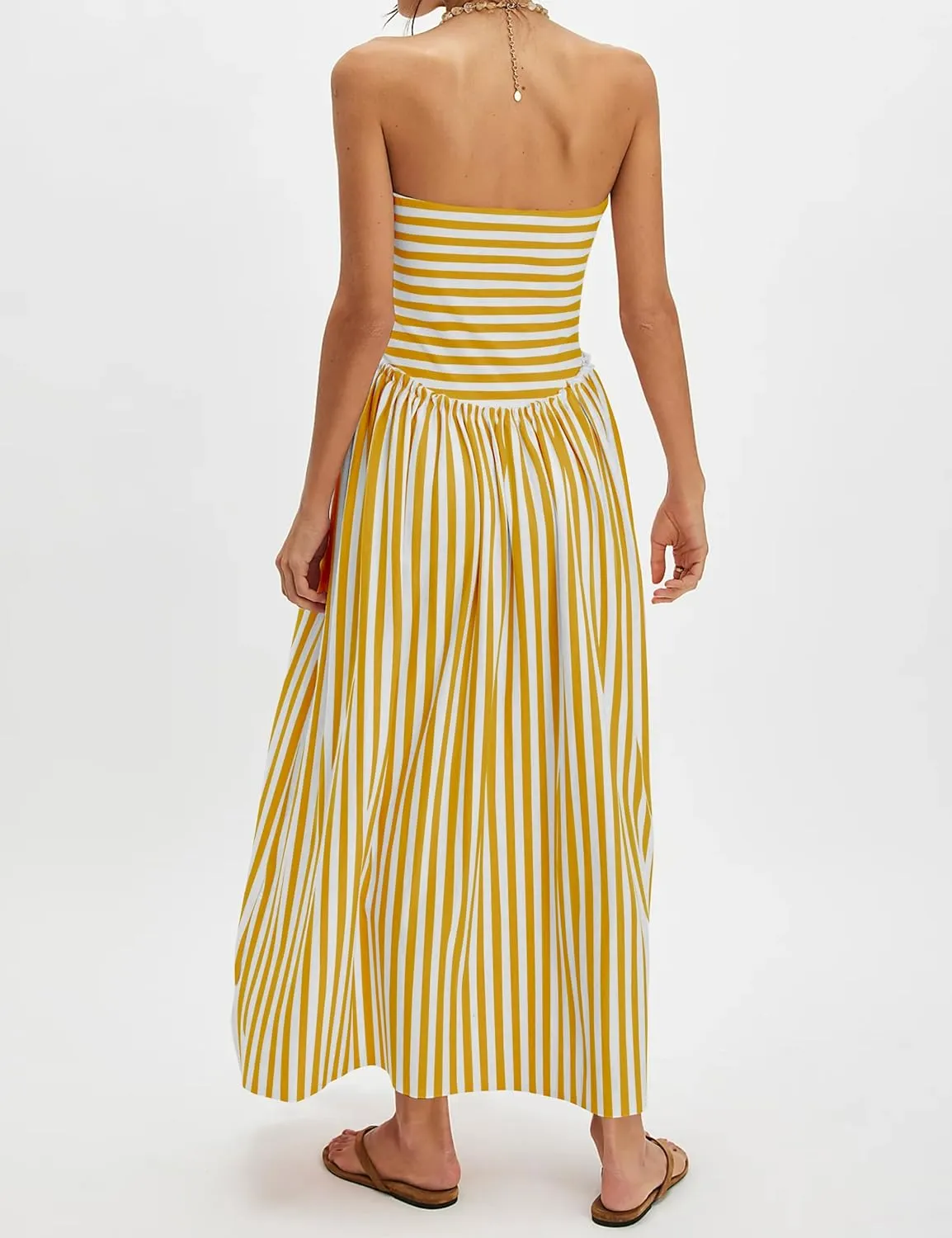 Striped Tube Dresses for Women Pleated Drop Waist Strapless Dress A Line Long Flowy Dresses Patchwork Beach Dress