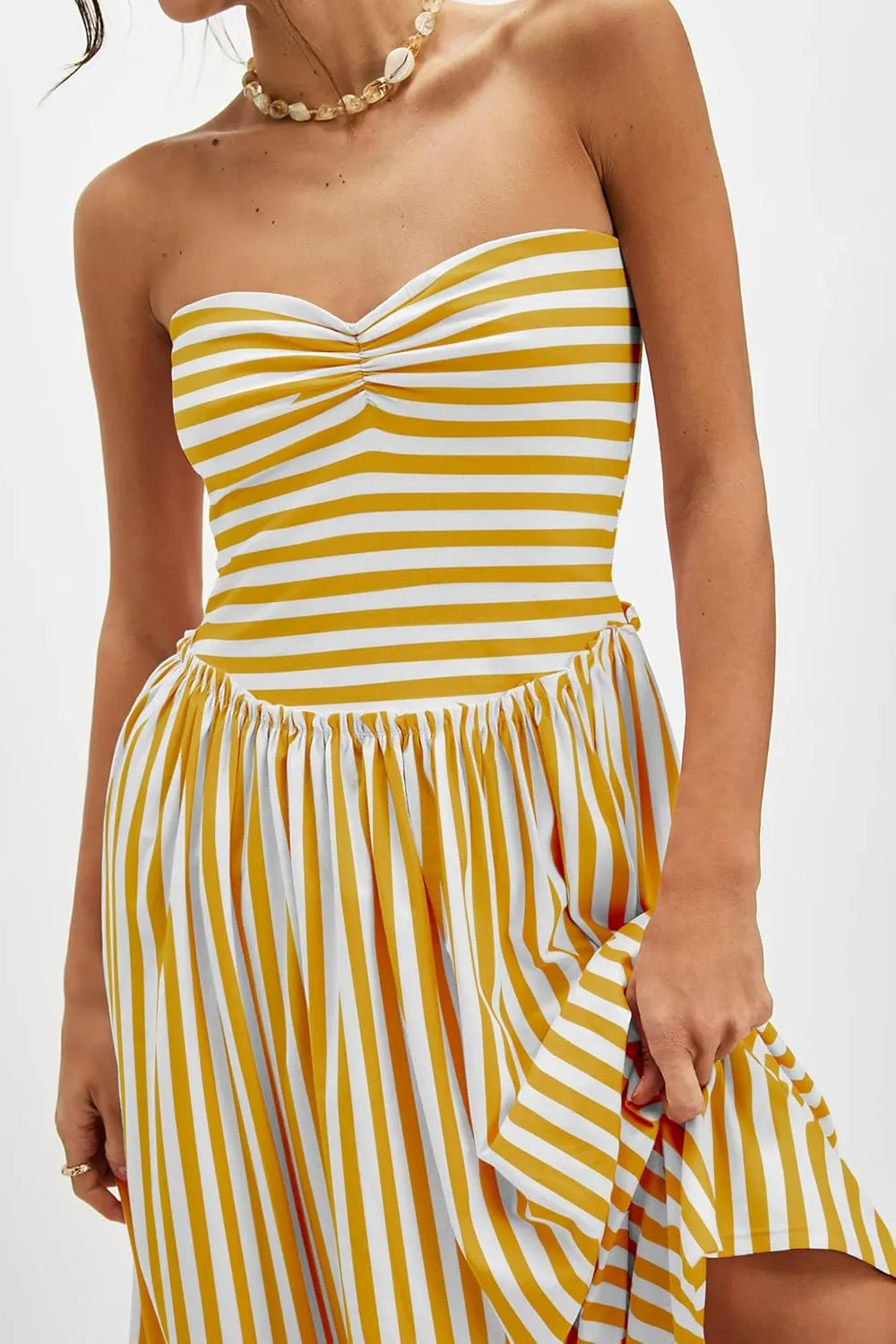 Striped Tube Dresses for Women Pleated Drop Waist Strapless Dress A Line Long Flowy Dresses Patchwork Beach Dress