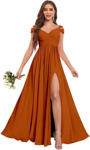 Sukleet Bridesmaid Dresses for Women A-Line Cold Shoulder Pleated Chiffon Formal Party Gowns with Slit Pockets