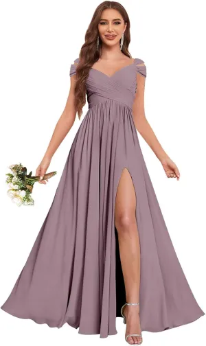 Sukleet Bridesmaid Dresses for Women A-Line Cold Shoulder Pleated Chiffon Formal Party Gowns with Slit Pockets