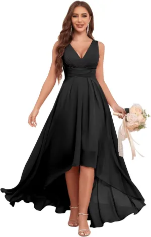 Sukleet Chiffon High Low Bridesmaid Dresses for Women with Pockets V Neck Ruched Formal Evening Dress