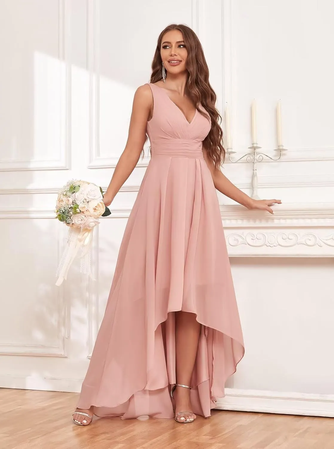 Sukleet Chiffon High Low Bridesmaid Dresses for Women with Pockets V Neck Ruched Formal Evening Dress