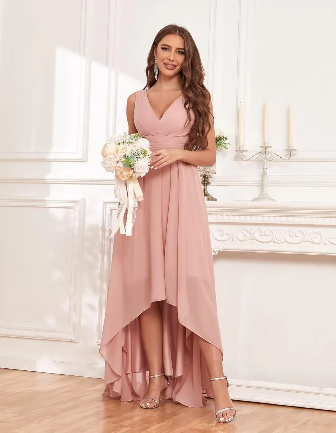 Sukleet Chiffon High Low Bridesmaid Dresses for Women with Pockets V Neck Ruched Formal Evening Dress