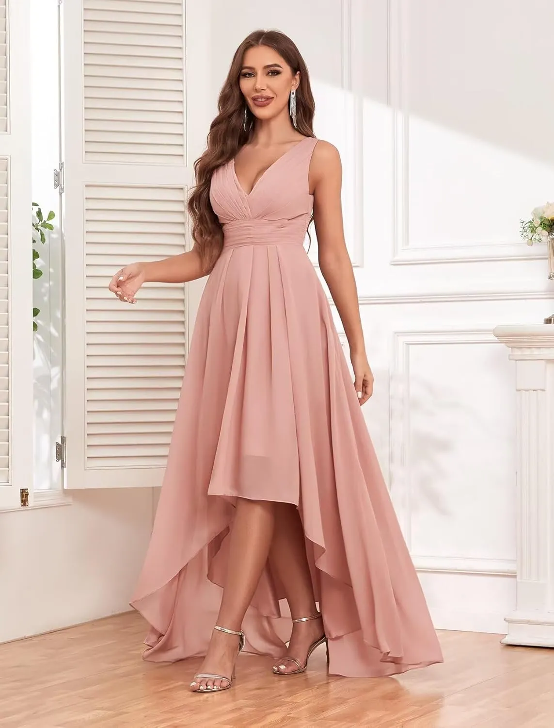 Sukleet Chiffon High Low Bridesmaid Dresses for Women with Pockets V Neck Ruched Formal Evening Dress