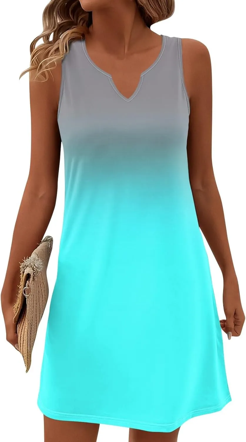Summer Dresses for Women 2025 Casual A Line Sundress Sleeveless Crew Neck Beach Vacation Dress Printed Tank Dress