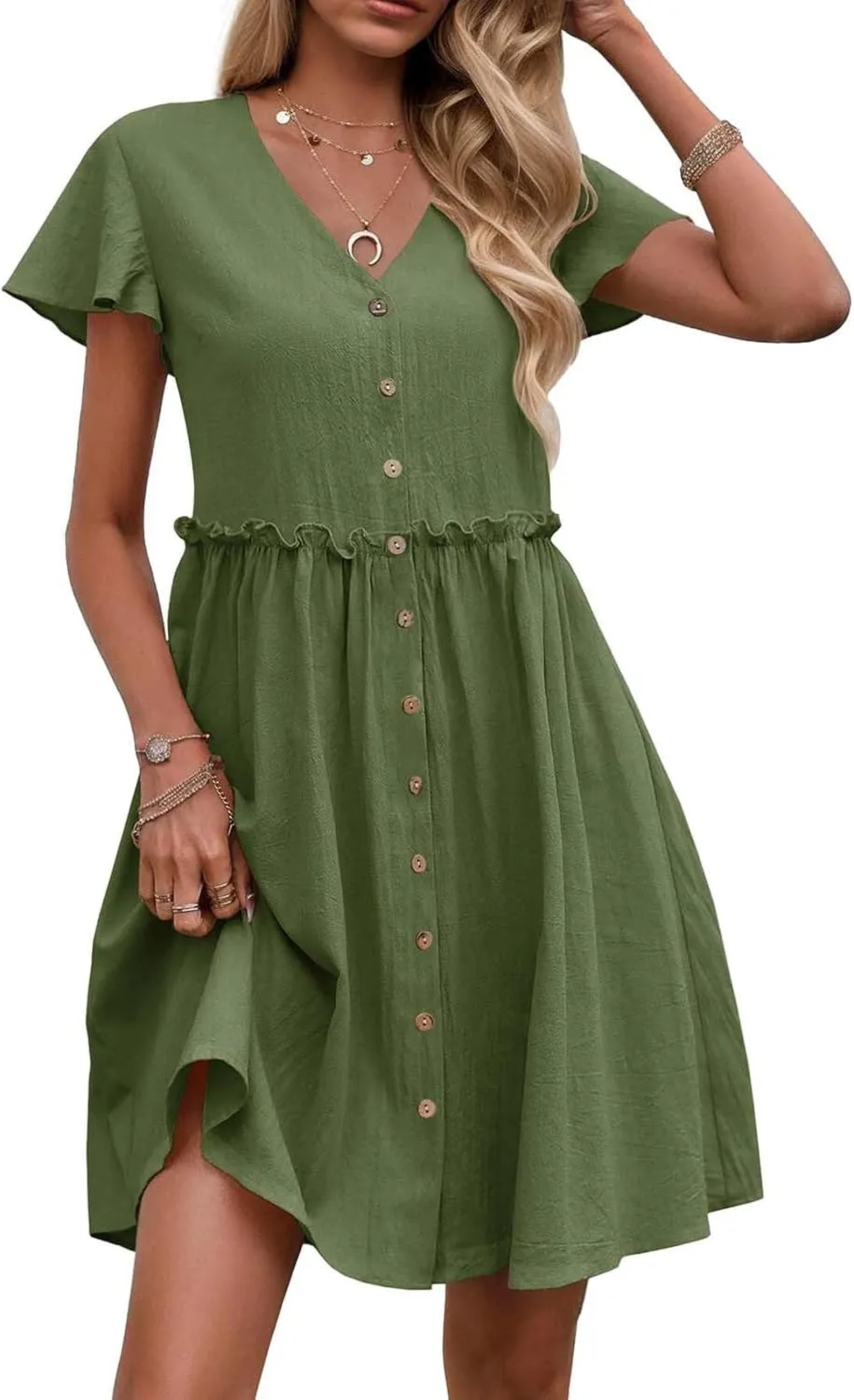 Summer Dresses for Women 2025 Sexy V Neck Short Sleeve Midi Dress Solid Elastic Waist A Line Button Dress