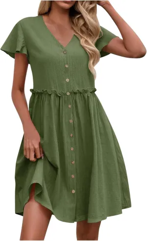 Summer Dresses for Women 2025 Sexy V Neck Short Sleeve Midi Dress Solid Elastic Waist A Line Button Dress
