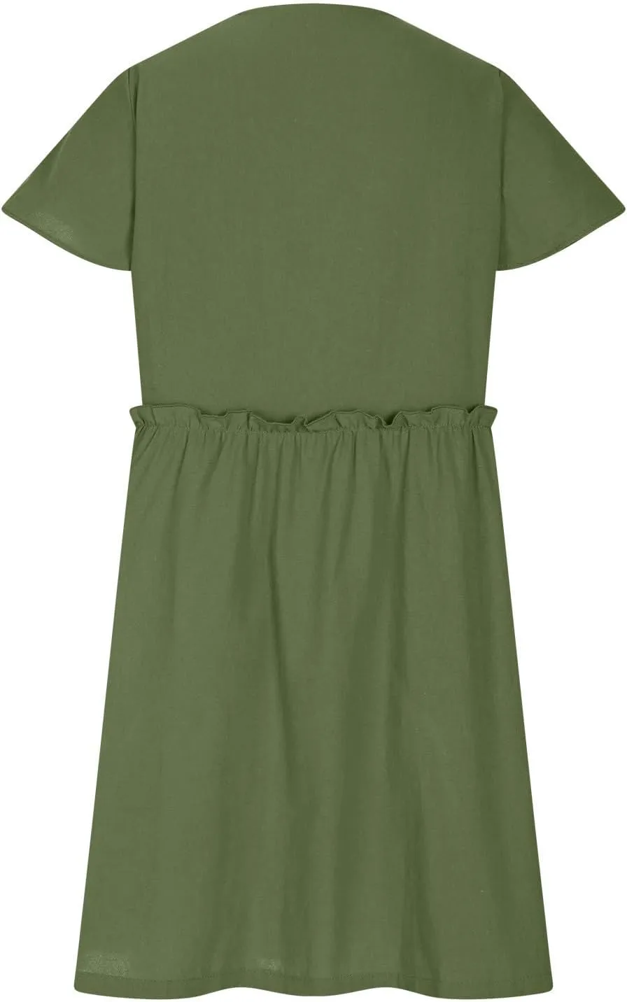 Summer Dresses for Women 2025 Sexy V Neck Short Sleeve Midi Dress Solid Elastic Waist A Line Button Dress