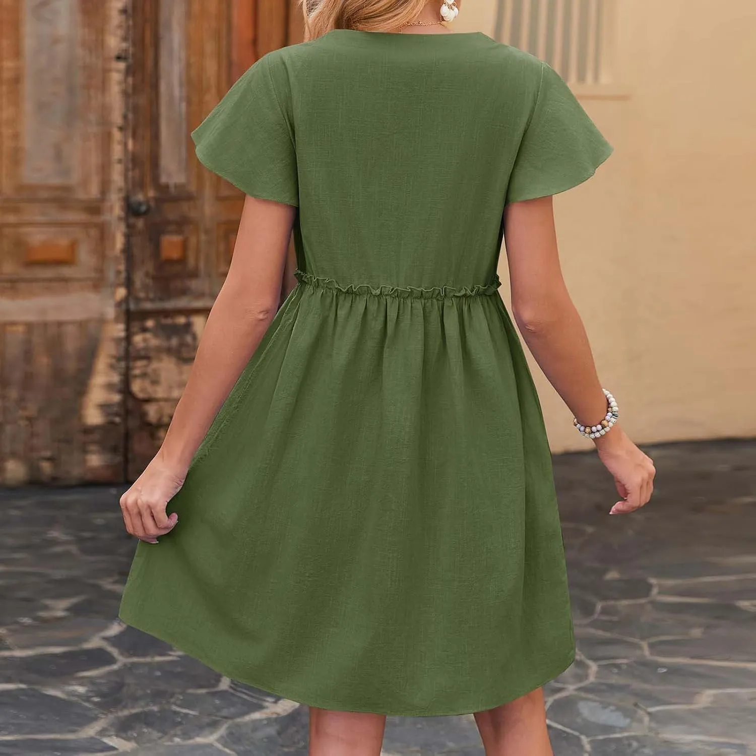 Summer Dresses for Women 2025 Sexy V Neck Short Sleeve Midi Dress Solid Elastic Waist A Line Button Dress