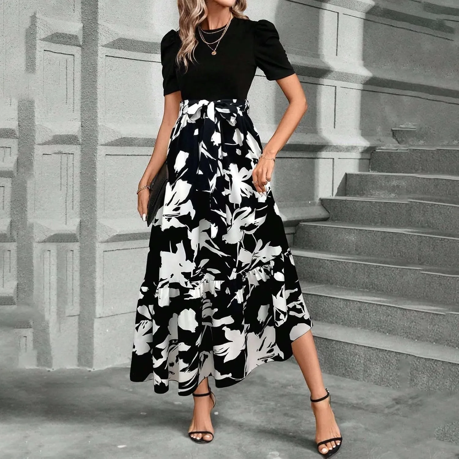 Summer Dresses for Women 2025 Trendy Summer Tiered Elastic High Waisted Floral Skirt Long Elastic High Waist Skirts