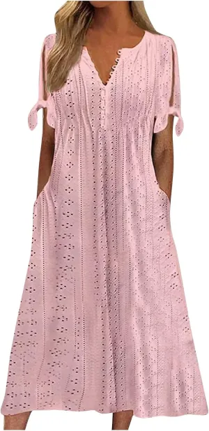 Summer Dresses for Women 2025 Vacation Eyelet Beach Sundress with Pockets Flowy Short Sleeve Button Down Tshirt Dress