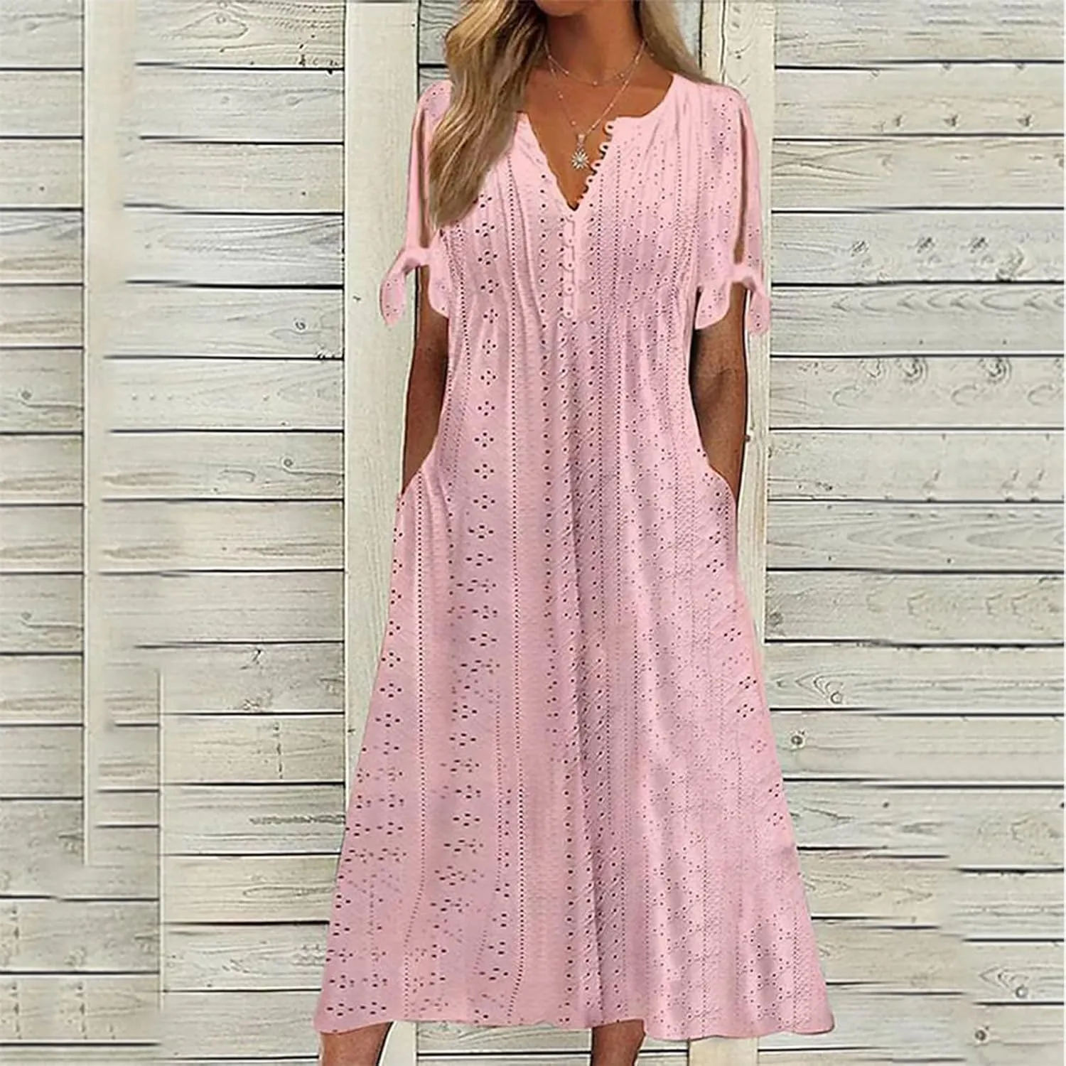 Summer Dresses for Women 2025 Vacation Eyelet Beach Sundress with Pockets Flowy Short Sleeve Button Down Tshirt Dress