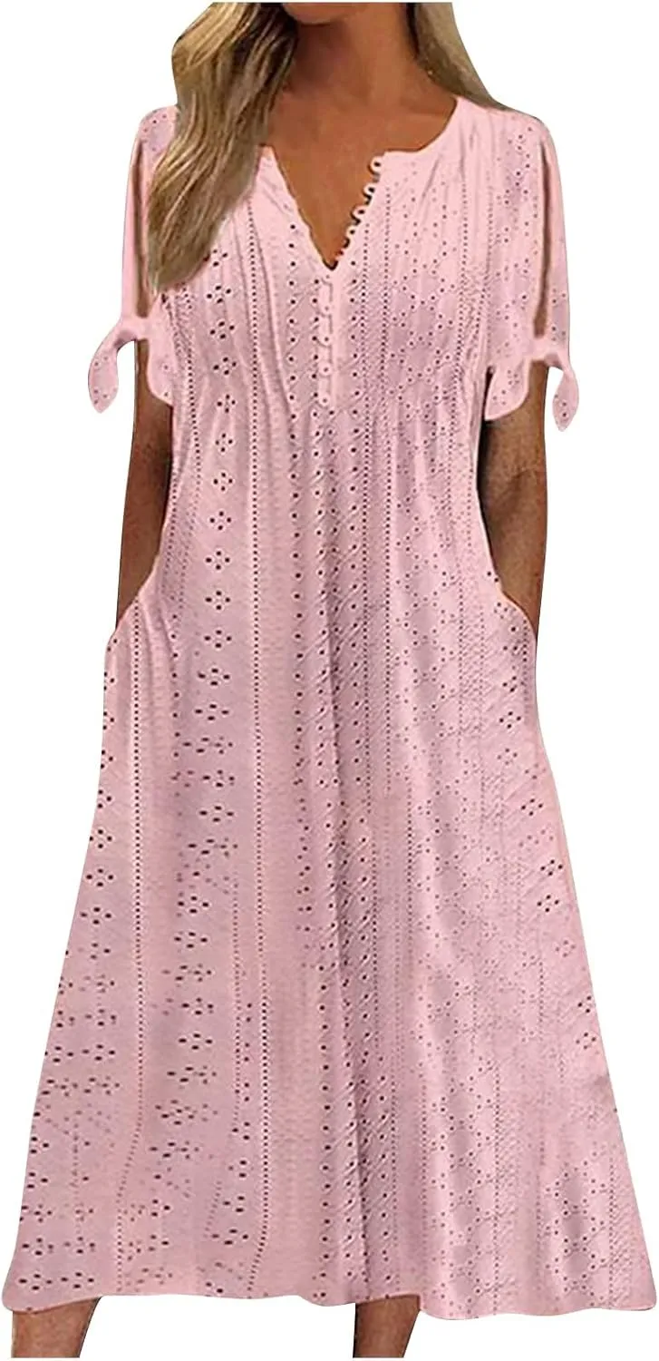 Summer Dresses for Women 2025 Vacation Eyelet Beach Sundress with Pockets Flowy Short Sleeve Button Down Tshirt Dress