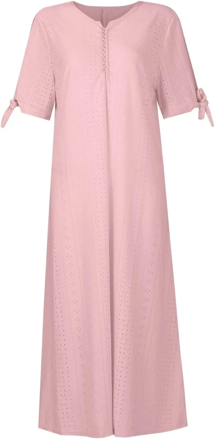 Summer Dresses for Women 2025 Vacation Eyelet Beach Sundress with Pockets Flowy Short Sleeve Button Down Tshirt Dress