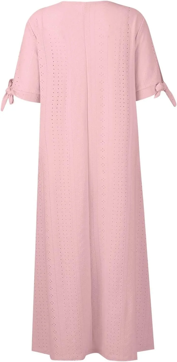 Summer Dresses for Women 2025 Vacation Eyelet Beach Sundress with Pockets Flowy Short Sleeve Button Down Tshirt Dress