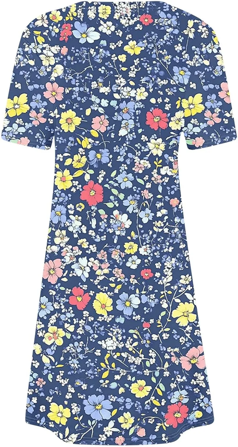 Summer Dresses for Women 2025 Vacation Plus Size Floral Printed Short Sleeve Dress Comfy Casual Crewneck Mini Dress