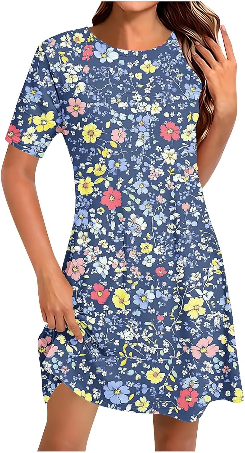 Summer Dresses for Women 2025 Vacation Plus Size Floral Printed Short Sleeve Dress Comfy Casual Crewneck Mini Dress