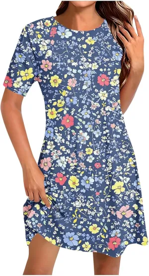 Summer Dresses for Women 2025 Vacation Plus Size Floral Printed Short Sleeve Dress Comfy Casual Crewneck Mini Dress