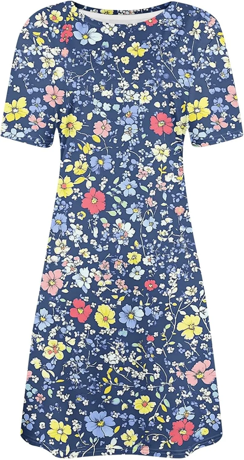 Summer Dresses for Women 2025 Vacation Plus Size Floral Printed Short Sleeve Dress Comfy Casual Crewneck Mini Dress