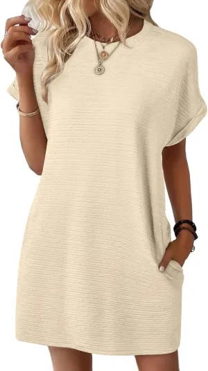 Summer Dresses for Women Plus Size Trendy Loose Fit Textured Chiffon Mini Dress Fashion Short Sleeve Round Neck Dress