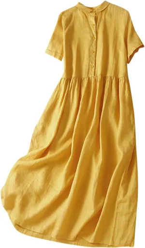 Summer Plus Size Cotton Linen Solid Dresses for Women Short Sleeve Crew Neck Loose Midi Dress