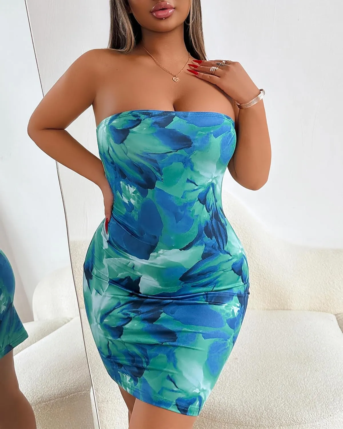 Summer Short Dress Strapless Floral Pattern Bodycon Skinny Tube Backless Sleeveless Bandeau Date Night Party Clubwear