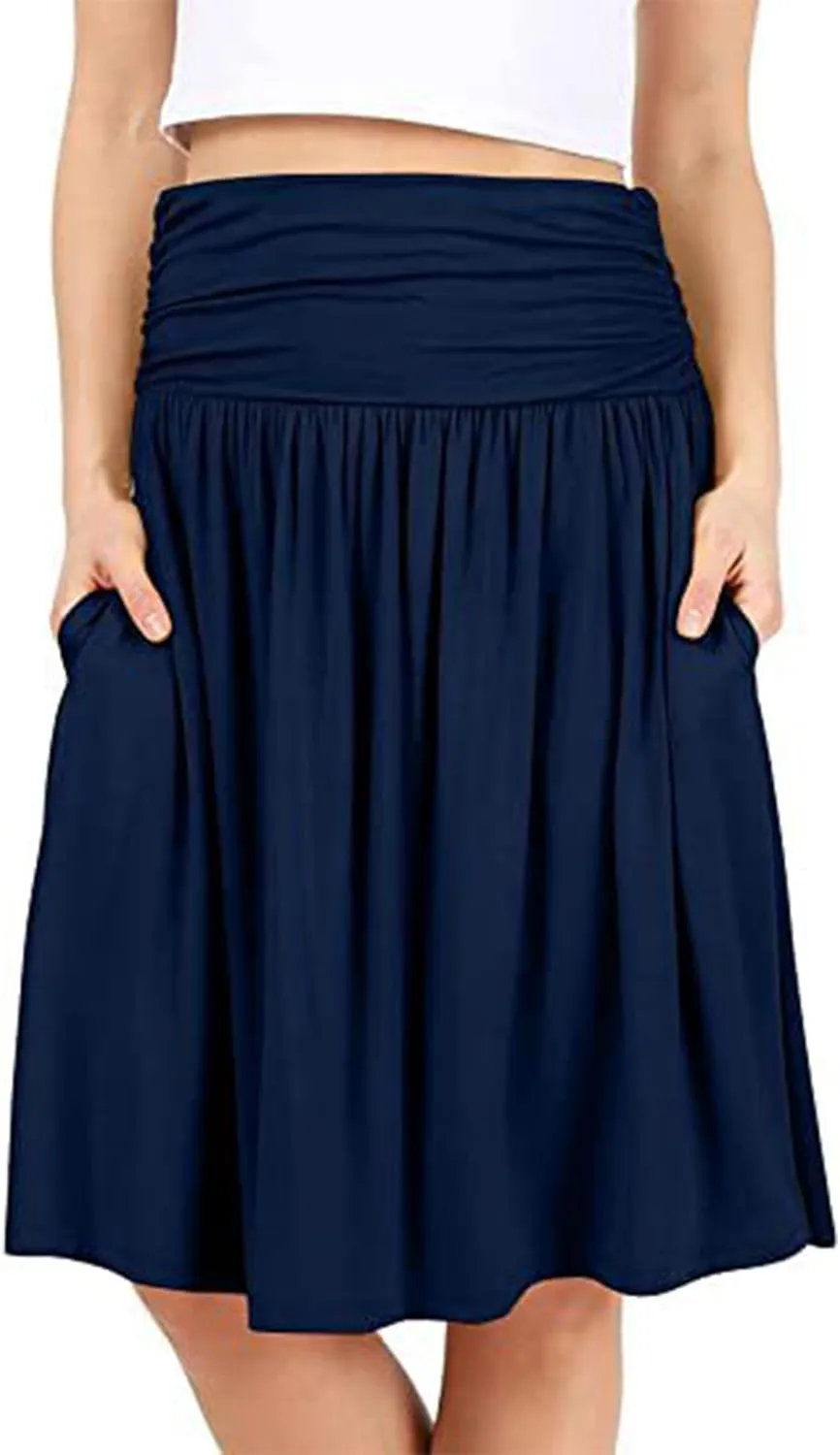 Summer Skirts for Women Regular and Plus Size Skirt with Pockets The Knee Length Ruched Flowy Midi Skirt