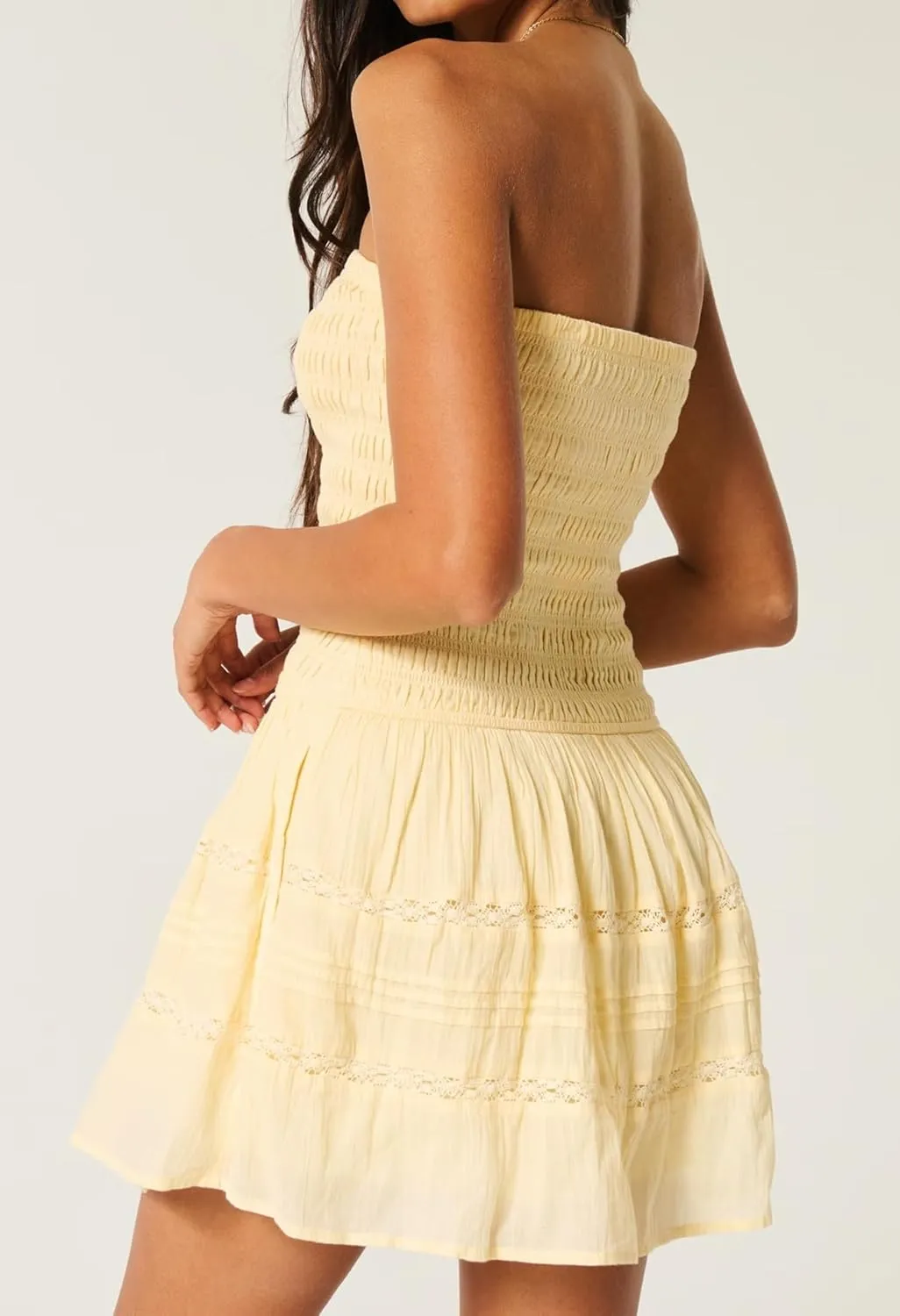 Summer Strapless Smocked Bodice Mini Dresses for Women Vacation Beach Boho Tube A-Line Dress with Pockets