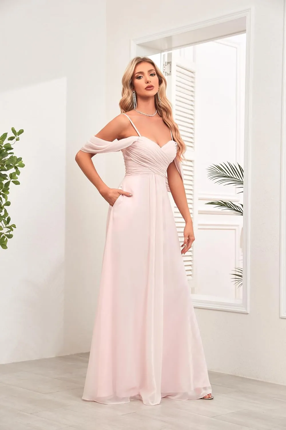 Sweetheart Bridesmaid Dresses with Pockets A-Line Long Chiffon Formal Party Dresses with Slit HS015