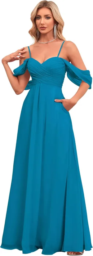 Sweetheart Bridesmaid Dresses with Pockets A-Line Long Chiffon Formal Party Dresses with Slit HS015