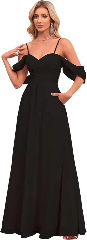 Sweetheart Bridesmaid Dresses with Pockets A-Line Long Chiffon Formal Party Dresses with Slit HS015