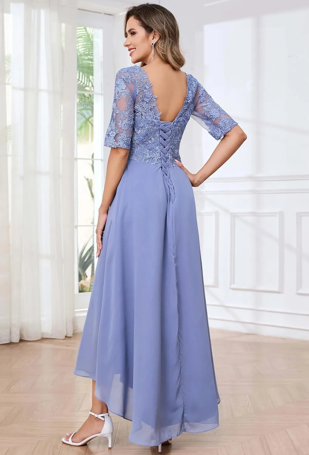Tea Length Lace Appliques Mother of The Bride Dresses for Wedding Half Sleeves Chiffon Pleated Formal Evening Gowns