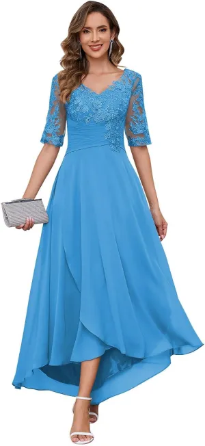 Tea Length Lace Appliques Mother of The Bride Dresses for Wedding Half Sleeves Chiffon Pleated Formal Evening Gowns
