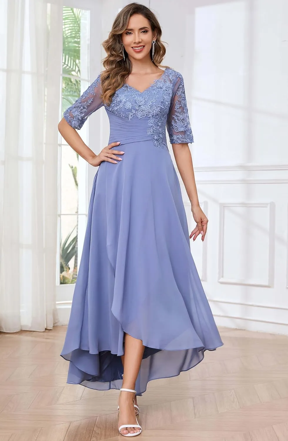 Tea Length Lace Appliques Mother of The Bride Dresses for Wedding Half Sleeves Chiffon Pleated Formal Evening Gowns