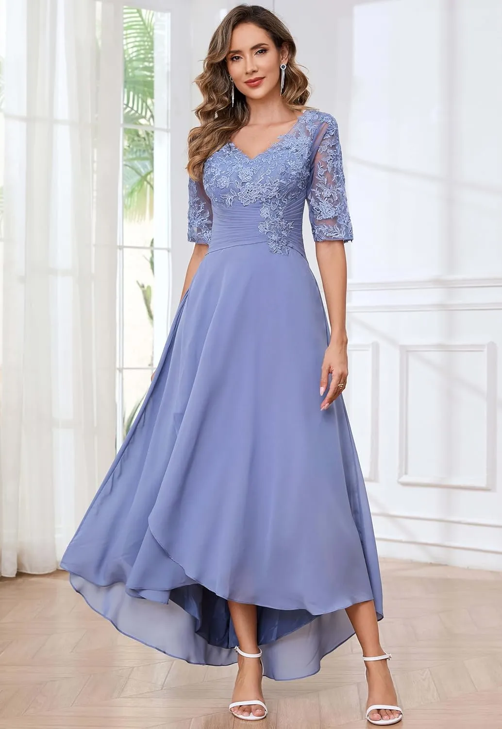 Tea Length Lace Appliques Mother of The Bride Dresses for Wedding Half Sleeves Chiffon Pleated Formal Evening Gowns