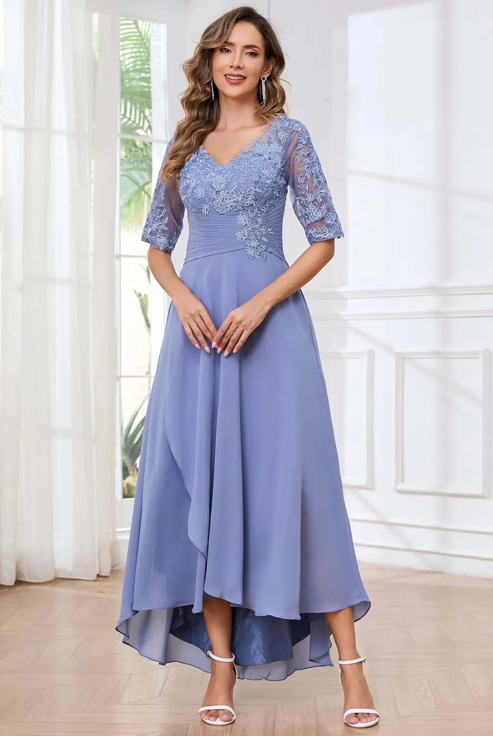 Tea Length Lace Appliques Mother of The Bride Dresses for Wedding Half Sleeves Chiffon Pleated Formal Evening Gowns