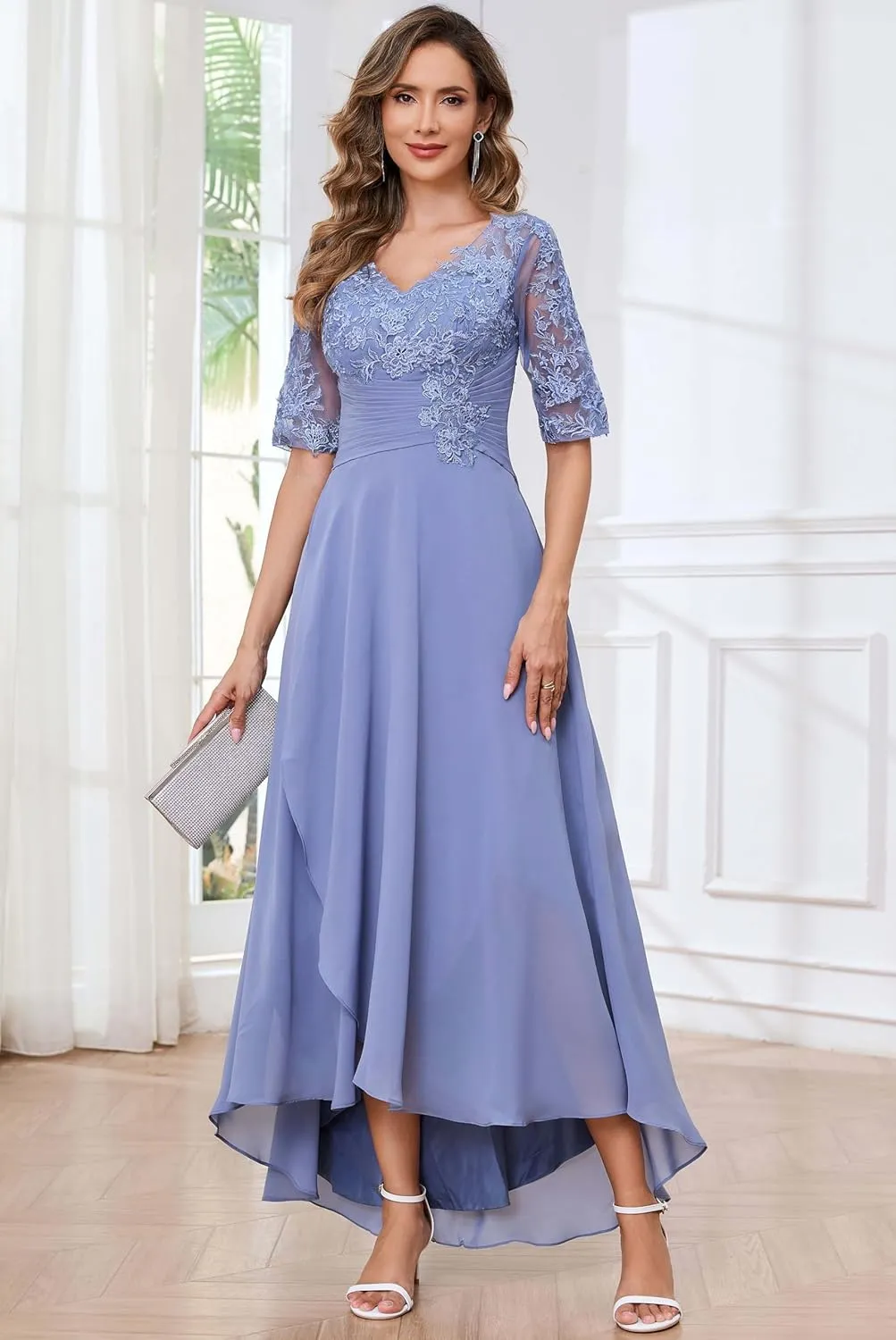 Tea Length Lace Appliques Mother of The Bride Dresses for Wedding Half Sleeves Chiffon Pleated Formal Evening Gowns