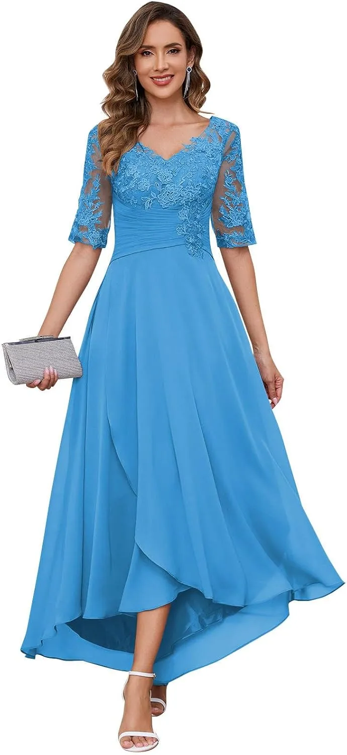 Tea Length Lace Appliques Mother of The Bride Dresses for Wedding Half Sleeves Chiffon Pleated Formal Evening Gowns